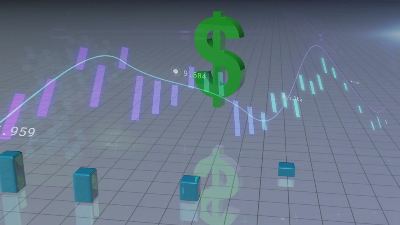 Inizia un simbolo del dollaro 3D che ruota e si solleva mentre una linea di tendenza scende e poi sale, mostrando l'aumento del mercato.