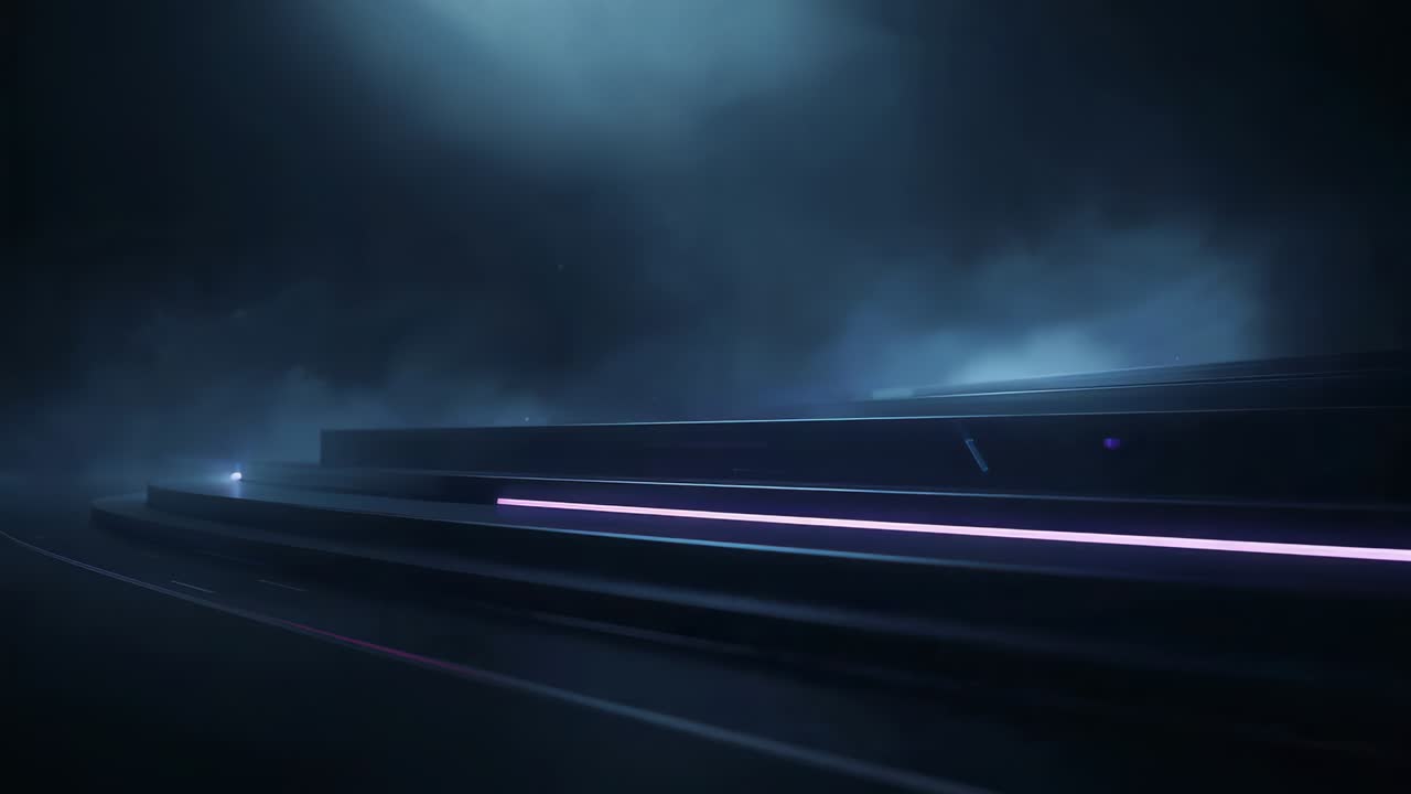 Panoramica con camera che mostra un palco a gradoni con strisce LED rosa scorrevoli su uno studio con foschia per un'atmosfera cinematografica
