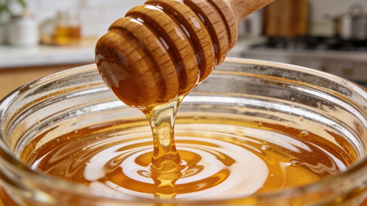 Sollevando un mestolo di legno per il miele, il miele denso si allunga e gocciola in una ciotola di vetro sul bancone della cucina.