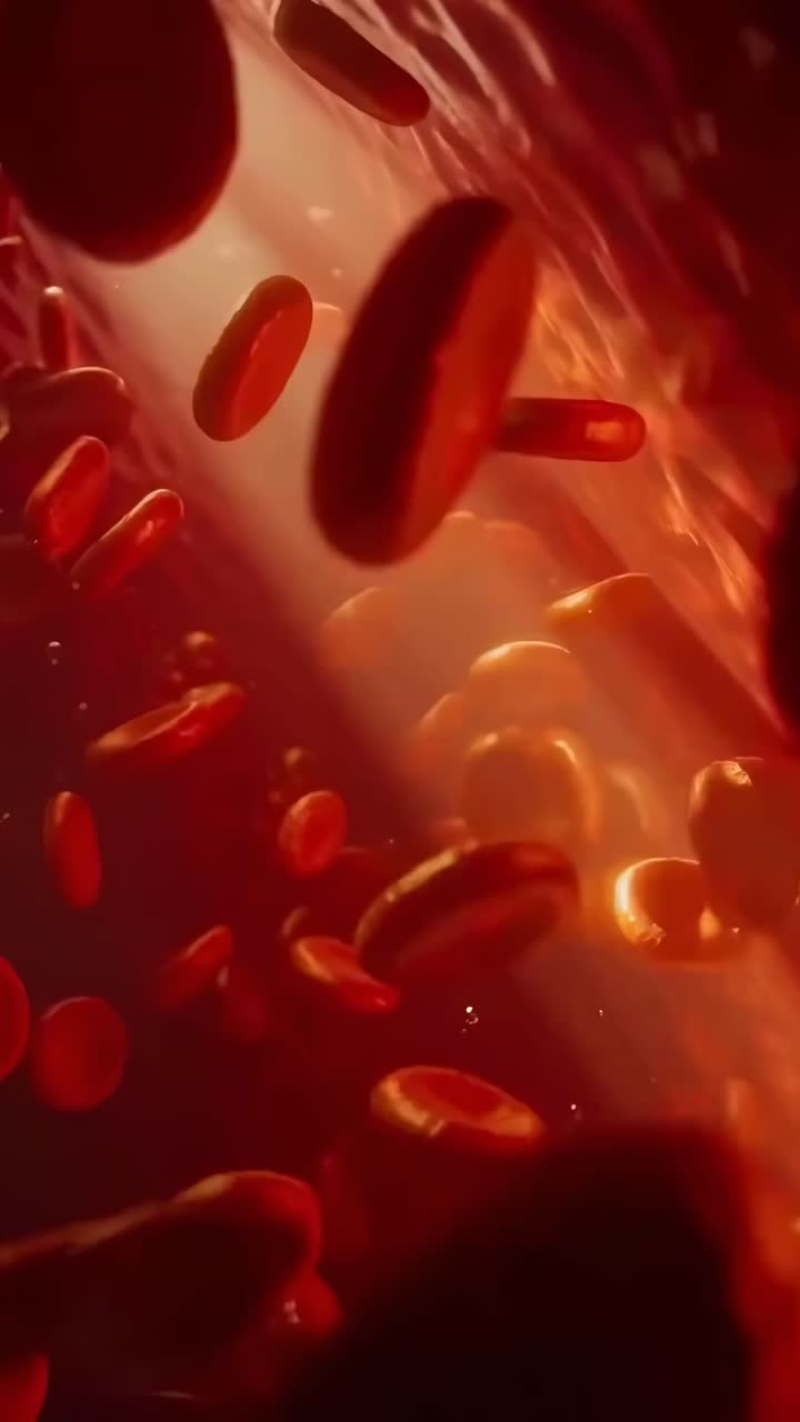 Video ravvicinato di globuli rossi in movimento, ripreso da un angolo dinamico con illuminazione d'effetto