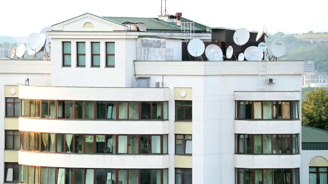 CHISINAU, MOLDOVA - JULY 10 2023: Embassy of Russian Federation main building with antennas on the roof