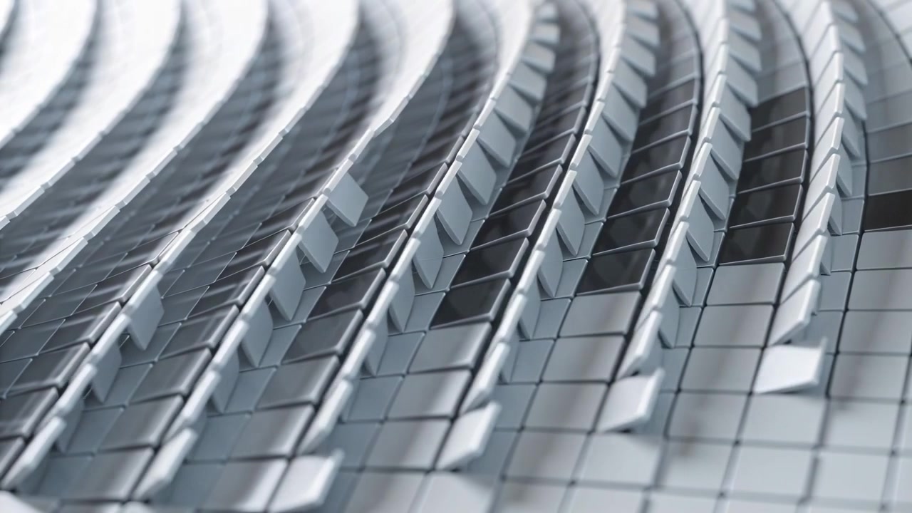 Superficie di piastrelle metalliche che si solleva in studio a un segnale, inclinando piastrelle rettangolari su una griglia con nastri animati.