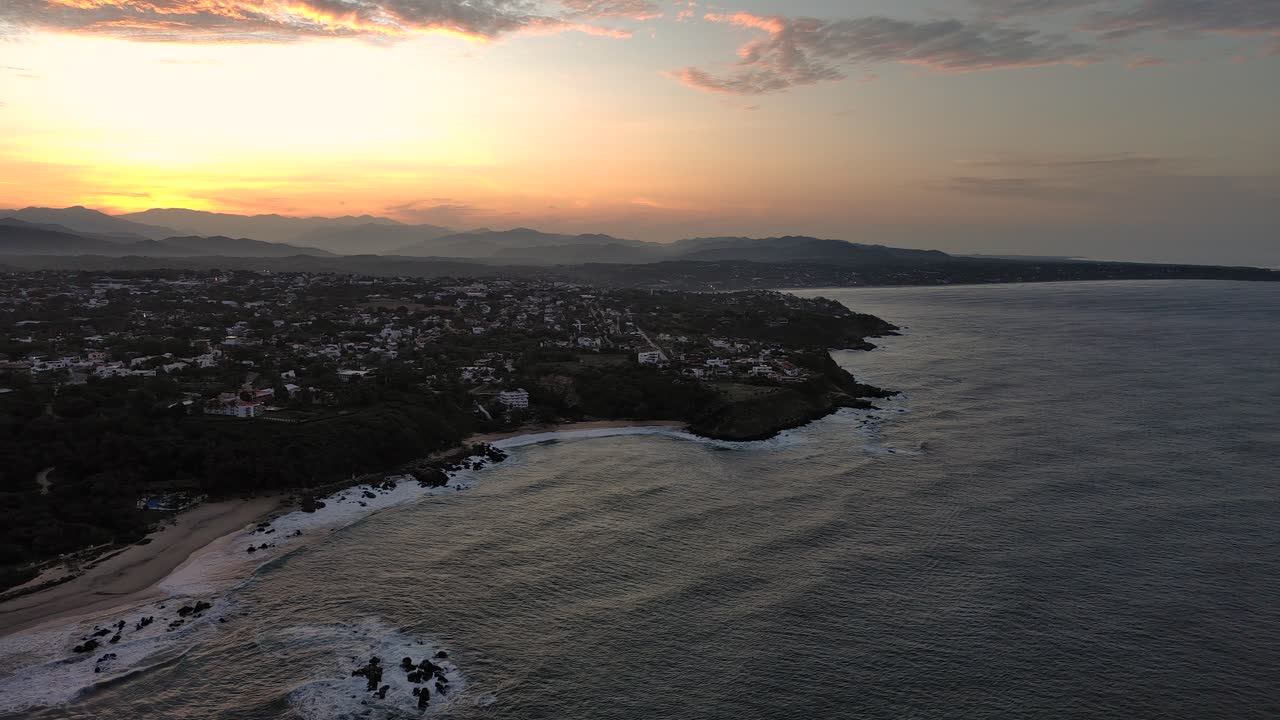 Puerto Escondido Sunrise Aerial Drone Above Ocean Cliff Shore Mexico Oaxaca Sky