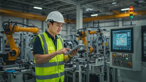 a technician in a safety vest and hard hat is operating robotic machinery in a modern industrial facility, showcasing advanced automation technology and smart monitoring
