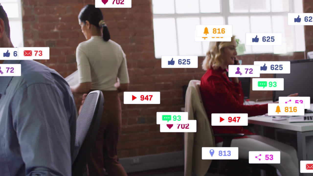 People working in office with social media notifications overlay animation