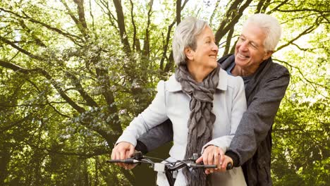 Animation-of-happy-senior-caucasian-couple-cycling-over-park