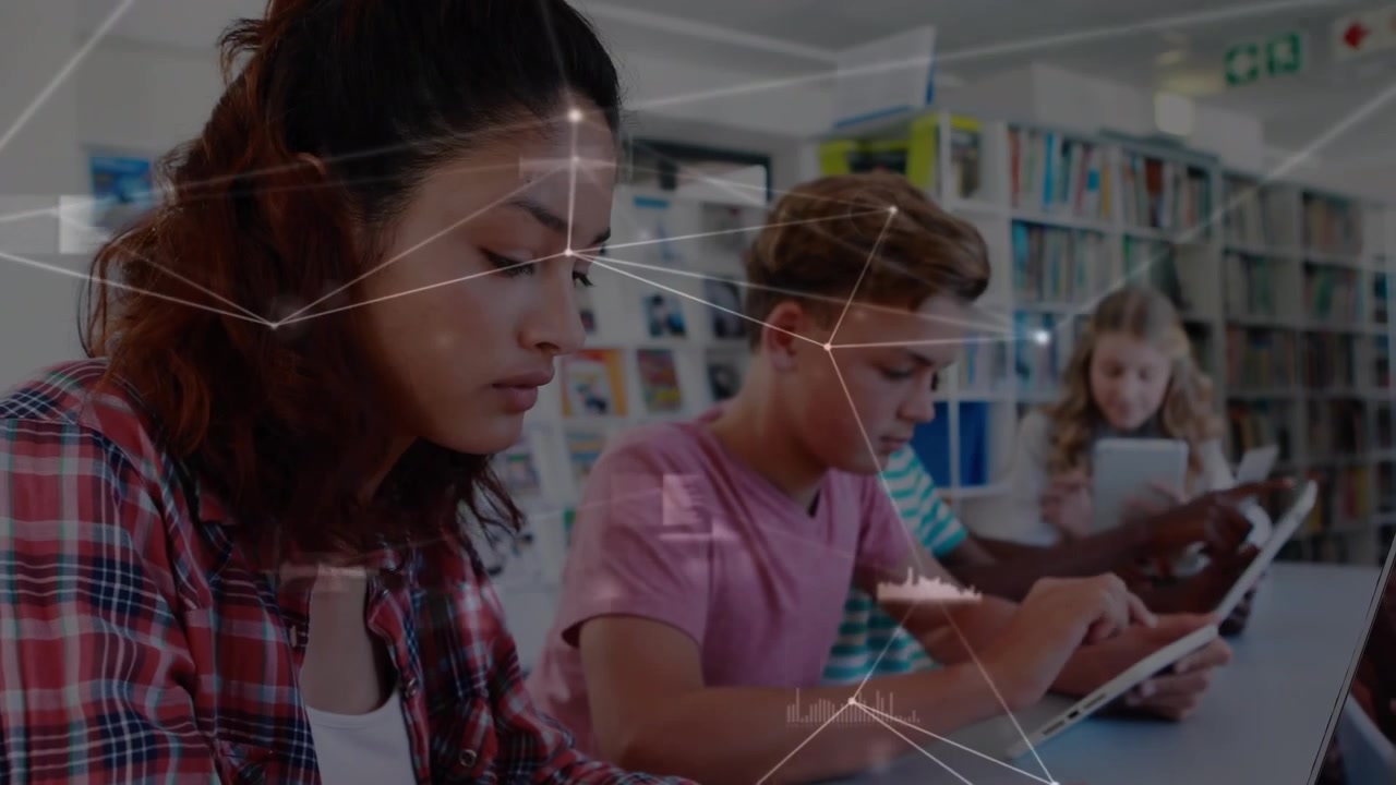 Animation of network of connection over diverse group of students using electronic devices at school