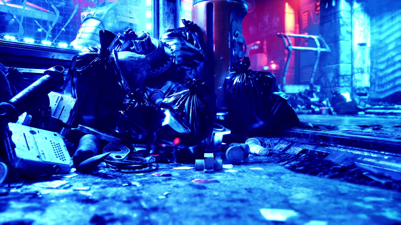 Trash and Rubbish in a Dark, Neon-Lit Urban Alley