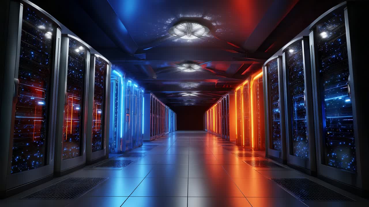 Futuristic Data Center Corridor Showcasing High-Performance Server Racks Illuminated with Vibrant Blue and Orange Lights, Highlighting Advanced Technology and Storage Solutions in a Sleek Environment
