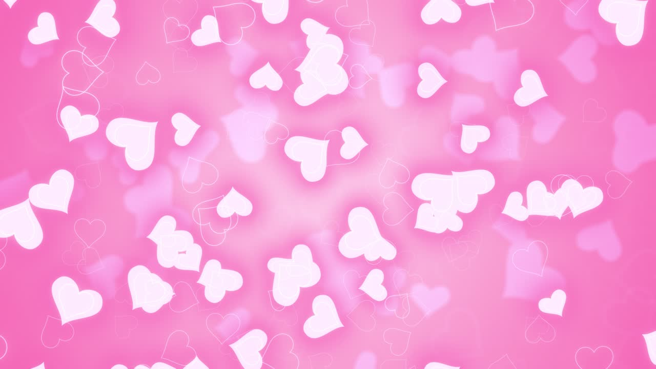 Buon San Valentino e animazione romantica, cuori brillanti e scintillanti, concetto di San Valentino e matrimonio, particelle luminose, sfondo sfumato rosa chiaro