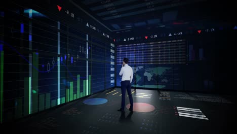 Rearview-of-businessman-looking-at-digital-animation-of-glowing-graph-interface