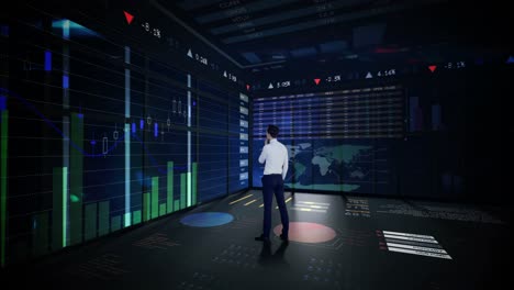 rearview of businessman looking at digital animation of glowing graph interface