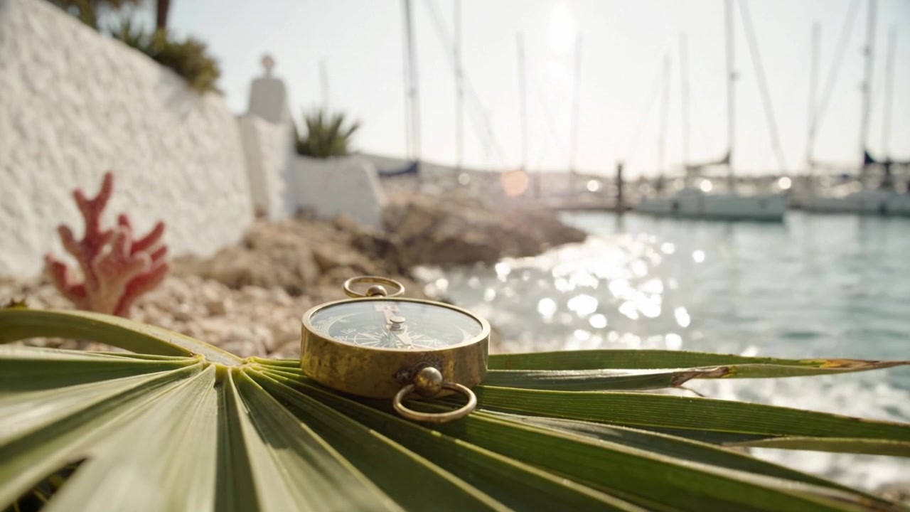 Una bellissima scena costiera con una bussola vintage che riposa su una foglia di palma, circondata da un pittoresco porto turistico e un riflesso solare sull'acqua