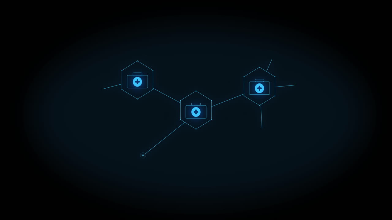 animación de la creciente red de iconos de primeros auxilios azules en fondo negro