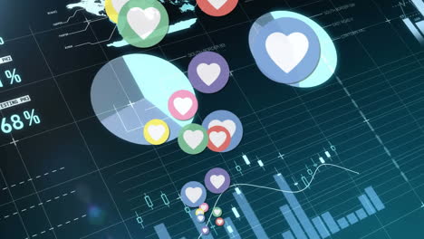 animation of heart icons over moving screen with digital data on dark blue background