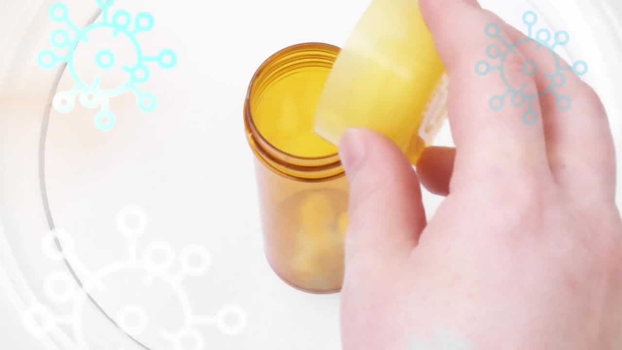 코로나19 세포 아이콘을 떠다니는 카우카시안 손이 상자에 약을 부는 애니메이션