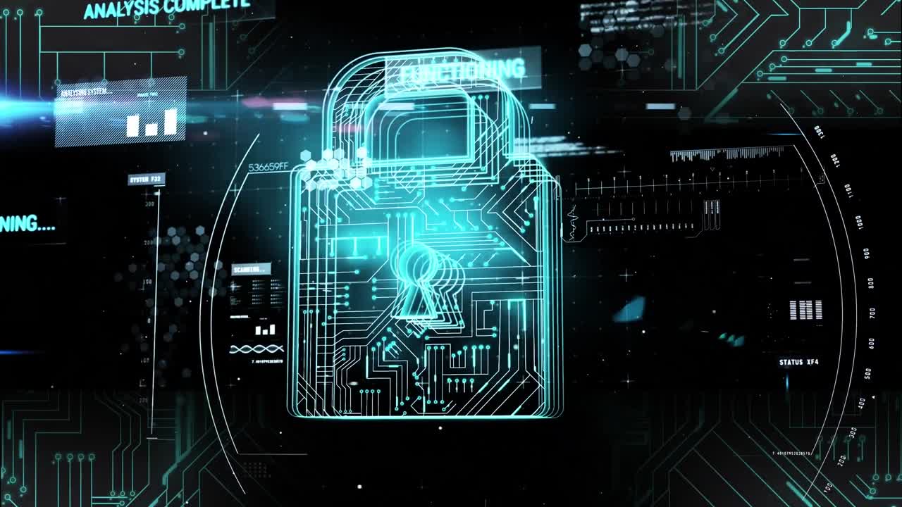 Animation of padlock, binary coding and data processing