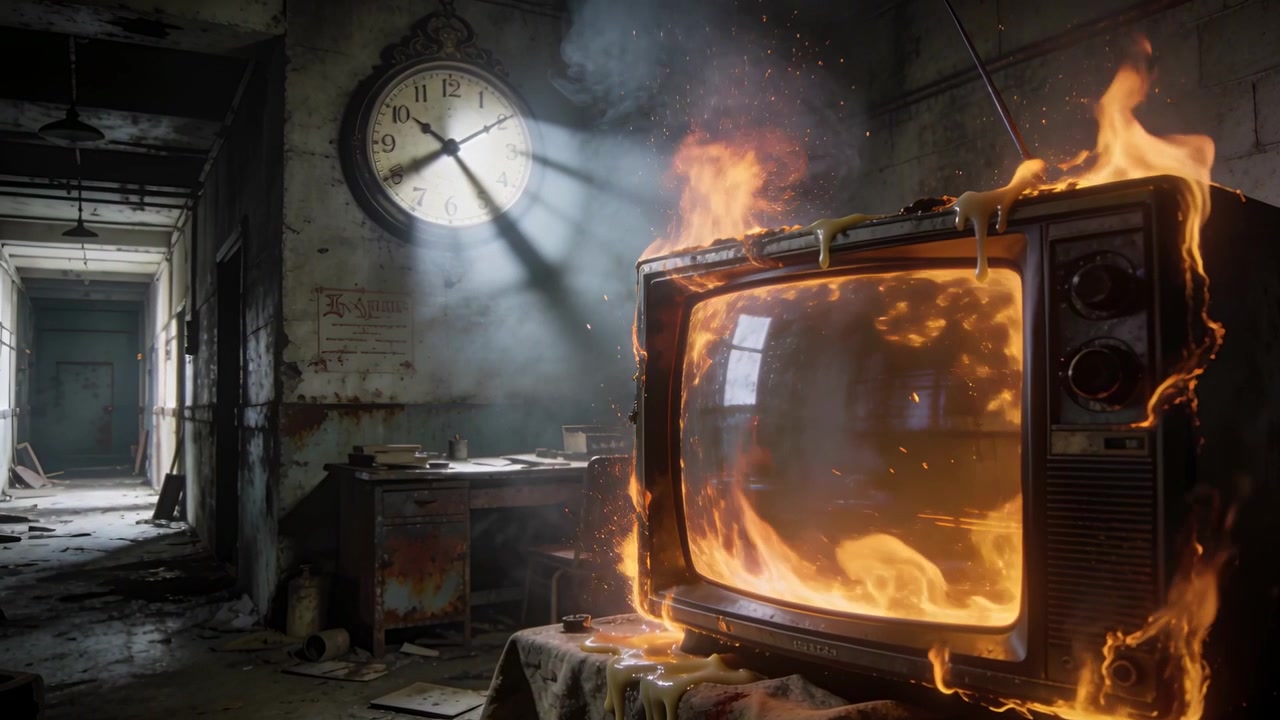 Una vecchia televisione CRT in fiamme, con fiamme che si propagano e fumo in una stanza abbandonata, e gocce fuse.