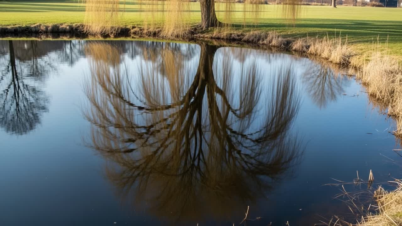 A Peaceful Reflection of Nature: Serene Tree and Its Mirror Image in Calm Water at Sunset Highlighting Tranquility and Natural Beauty