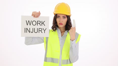 woman construction worker with bandaged finger holding 'work injury' sign