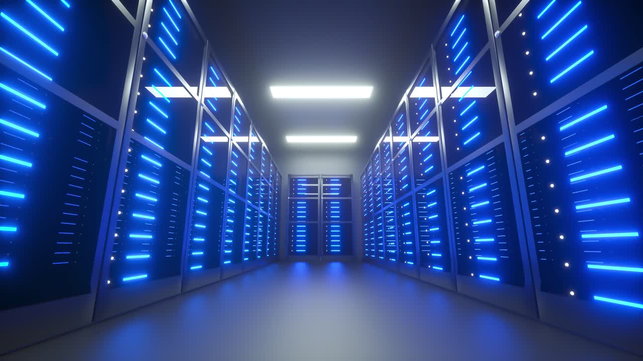 Datacenter server room walkthrough animation, 3d render 4k