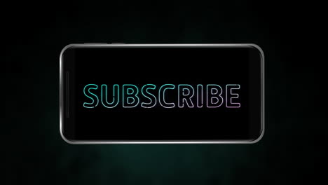 animation of word subscribe flickering on a black screen of a smartphone on black background