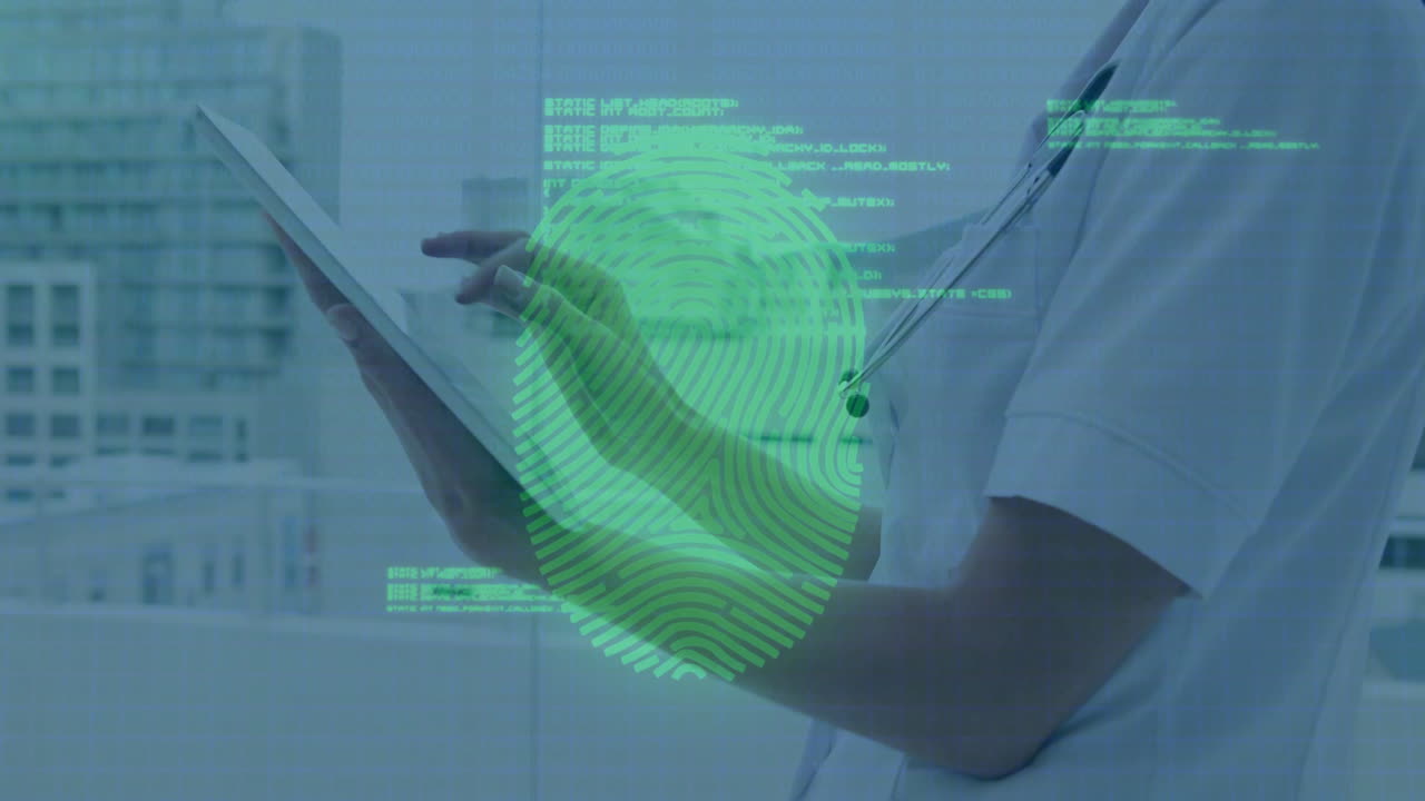 Fingerprint and data processing animation over medical professional using tablet