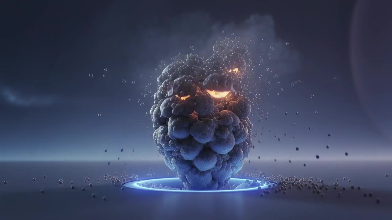 Massa di bolle in risalita che si infrange sopra un pavimento lucido mentre un anello si illumina causando l'espulsione di particelle arancioni