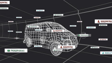 white wireframe van floating in dark 3d render scene, displaying hovering data labels with icons