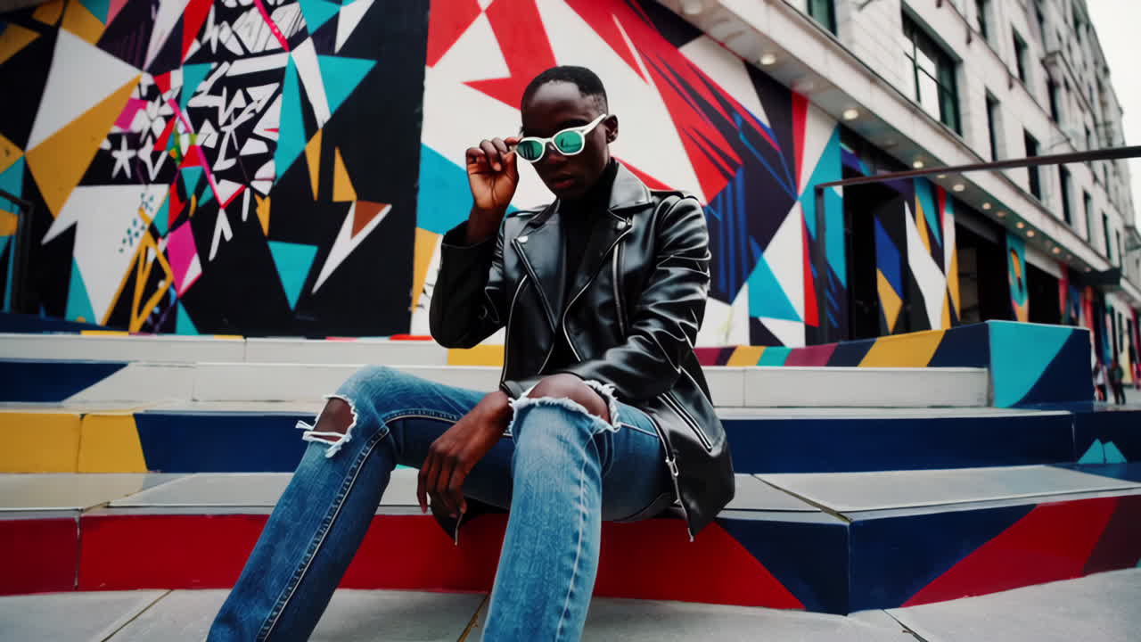 Stylish Man on Colorful Urban Stairs with Mural