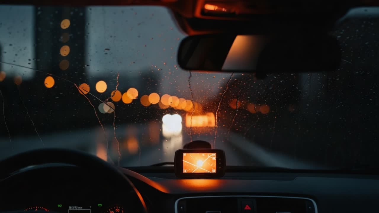 A Journey Through Rainy Nights: Capturing the Experience of Driving in Adverse Weather with Blurred City Lights and Navigation Guidance in Focus