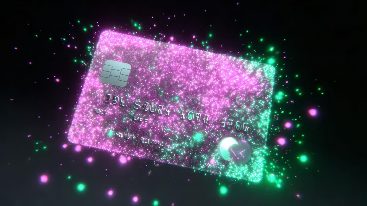 A close-up view of a vividly animated credit card surrounded by colorful digital sparks, showcasing the blend of technology and finance in a mesmerizing visual spectacle