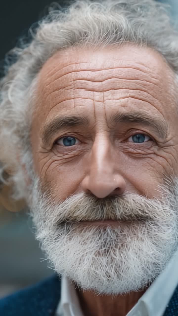 Un affascinante primo piano di un gentiluomo con distintivi capelli e barba bianchi, che mostra un sorriso caloroso e occhi azzurri espressivi che parlano chiaro delle sue esperienze di vita.