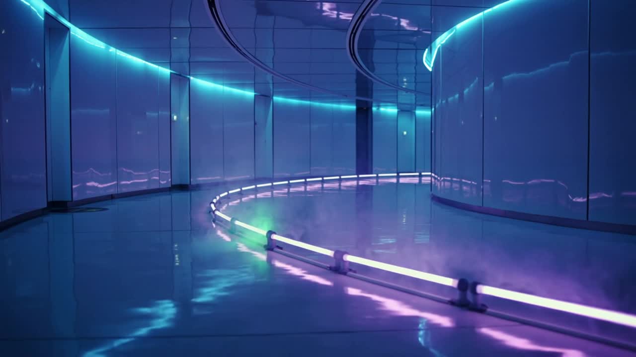 Inizio sequenza luminosa, con un binario a LED curvo e luminoso a pavimento che si estende lungo un corridoio, creando una foschia.