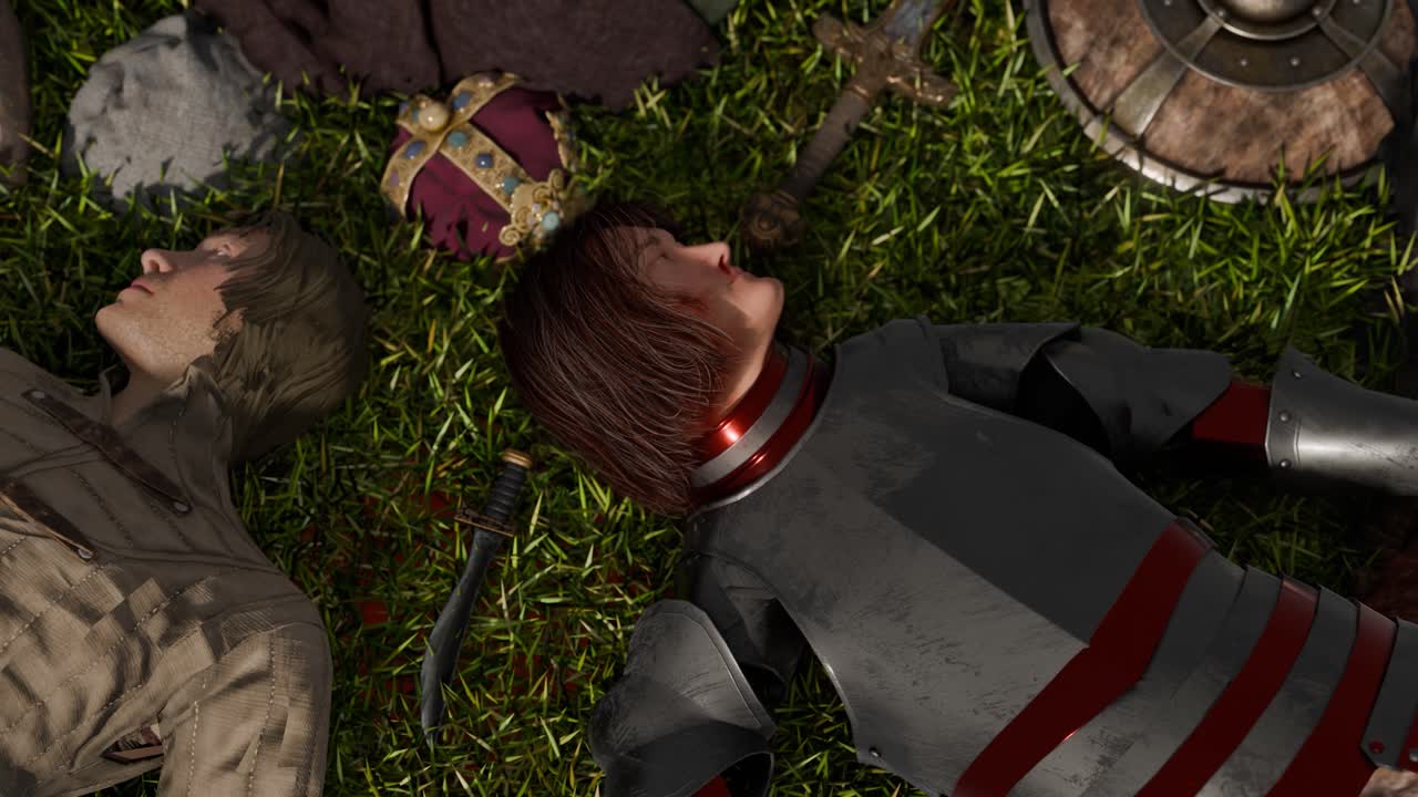 3D animation showing a man lying dead on a grass field after a medieval battle