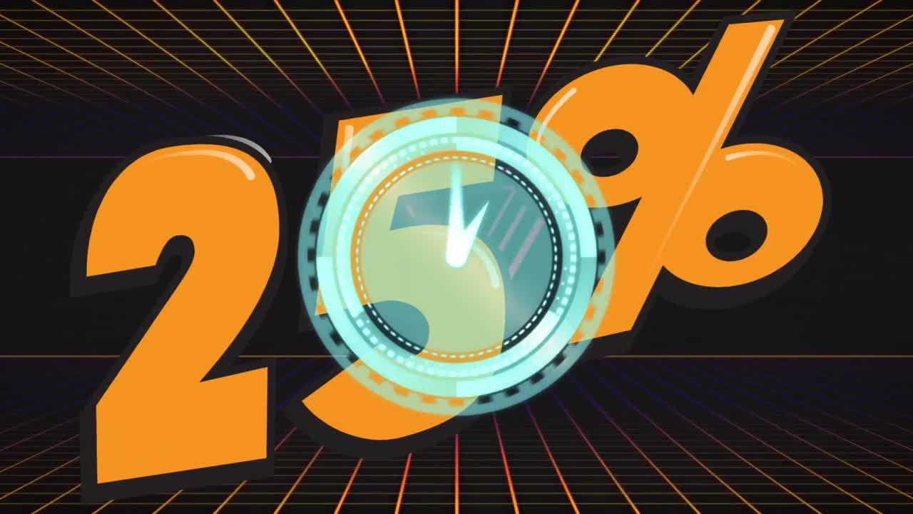 animación de 25 por ciento de texto y reloj moviéndose sobre fondo negro