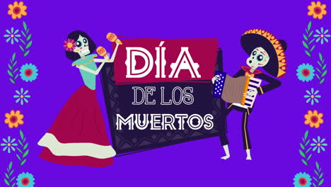 dia de los muertos animación con personajes de cráneo mariachi y catrina