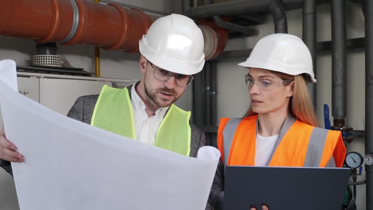 инженер планирует работу строителей с использованием чертежей и ноутбука. архитектура строительной промышленности. бизнес концепция совместной работы. профессиональные рабочие на заводе в команде обсуждают систему водоснабжения.