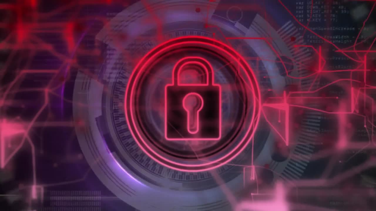animación del icono del candado de seguridad y los rastros de luz roja contra el escáner redondo en un patrón sin costuras