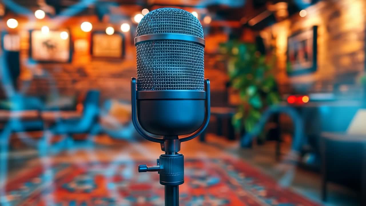 Mic in a cozy studio. A vintage microphone stands prominently in a warm, inviting studio filled with soft lighting and decor.