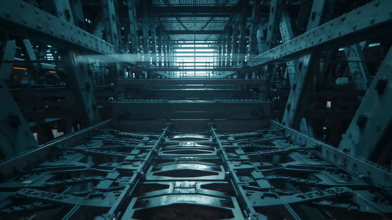 Camera initiating recording of support beams, riveted girders and gridded panels in steel facility