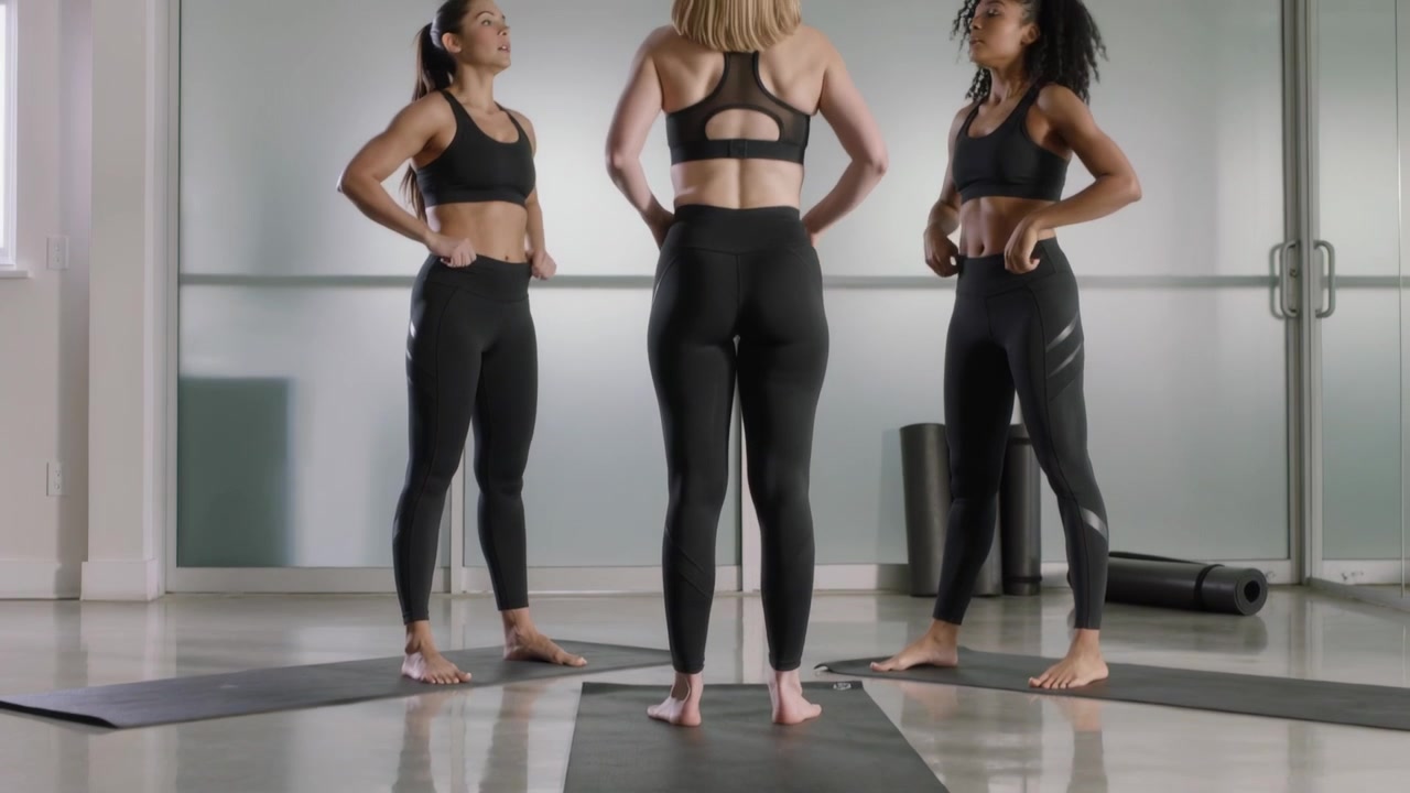 La telecamera che si alza, tre donne in nero che mettono le mani sui fianchi sui tappetini da yoga in studio mentre si preparano.