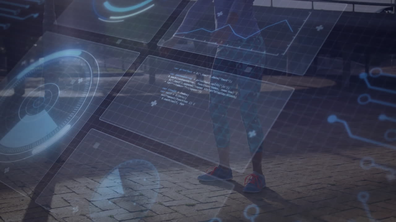 female jogger standing in urban plaza, showcasing fitness tech UI with HUD graphics and line charts