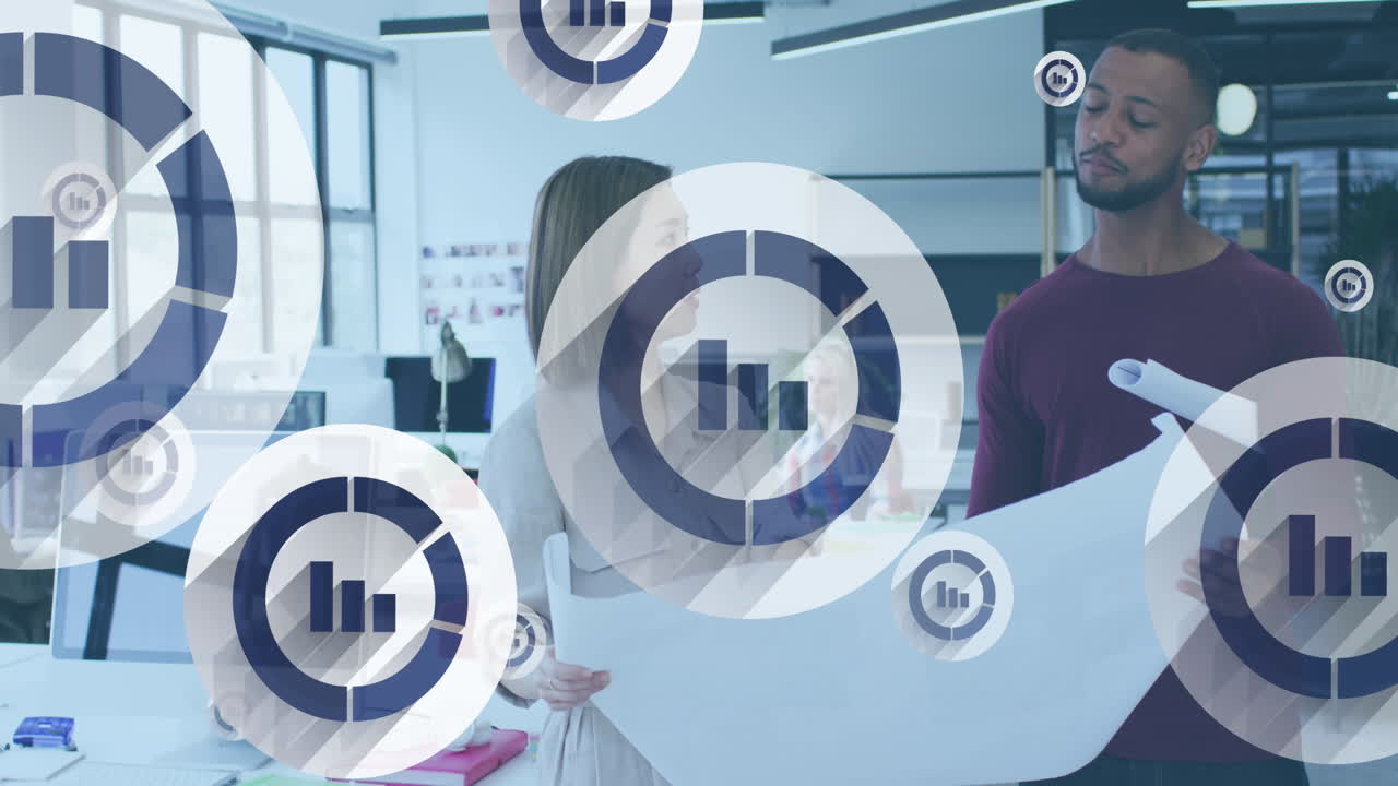 Animation of graph icon in circles over diverse architects discussing about floor plan on blueprint