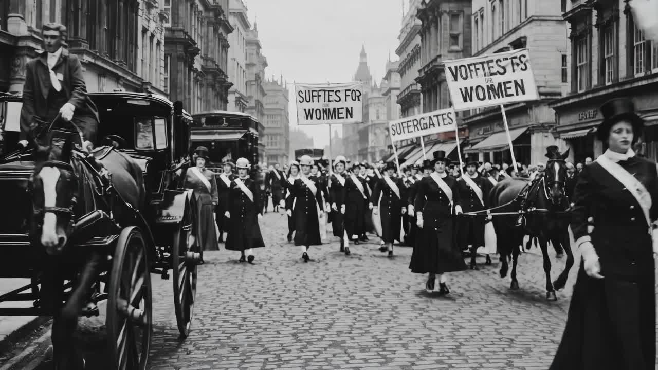 Historic video still of a suffragette march, shot from a low angle, capturing the energy