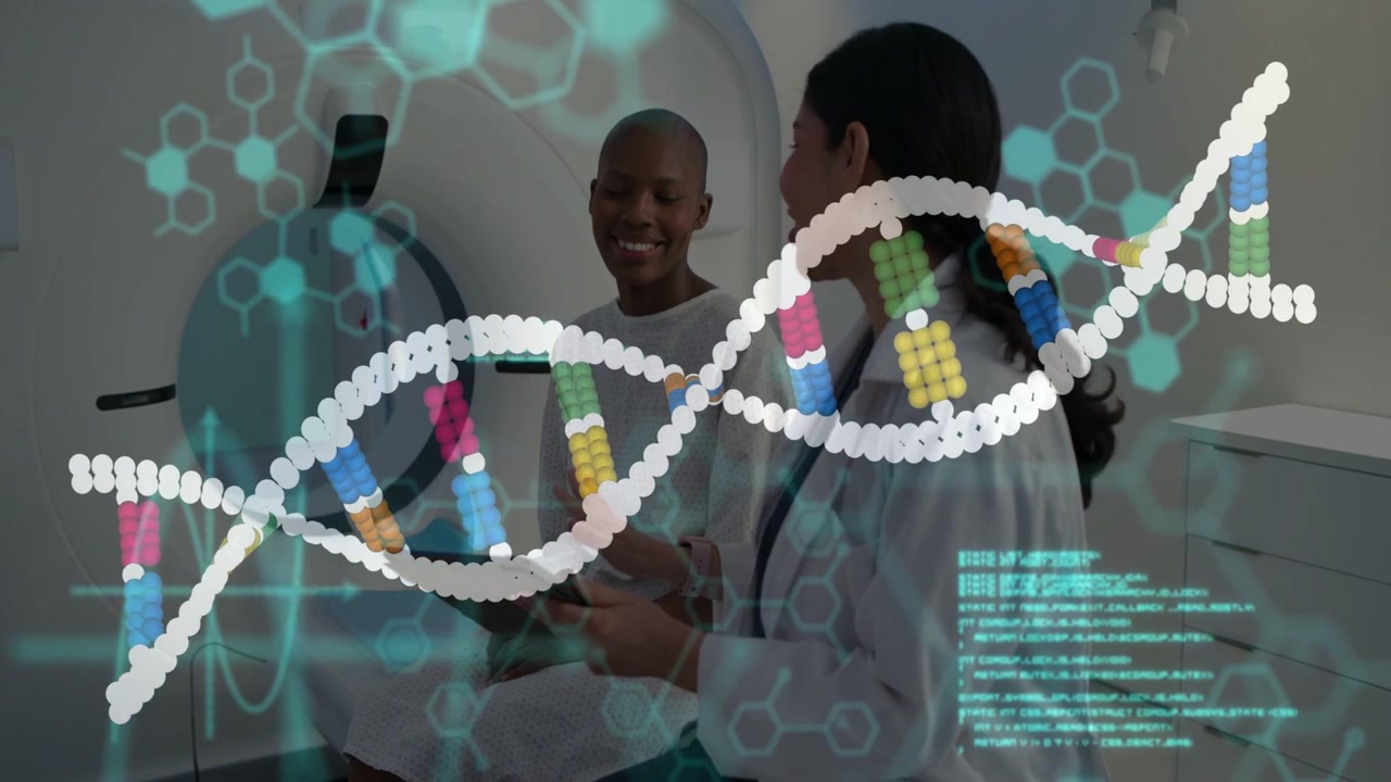 Kliniker drejer tablet, DNA-overlay skifter, patient læner sig smilende og modtager scanningsresultater.