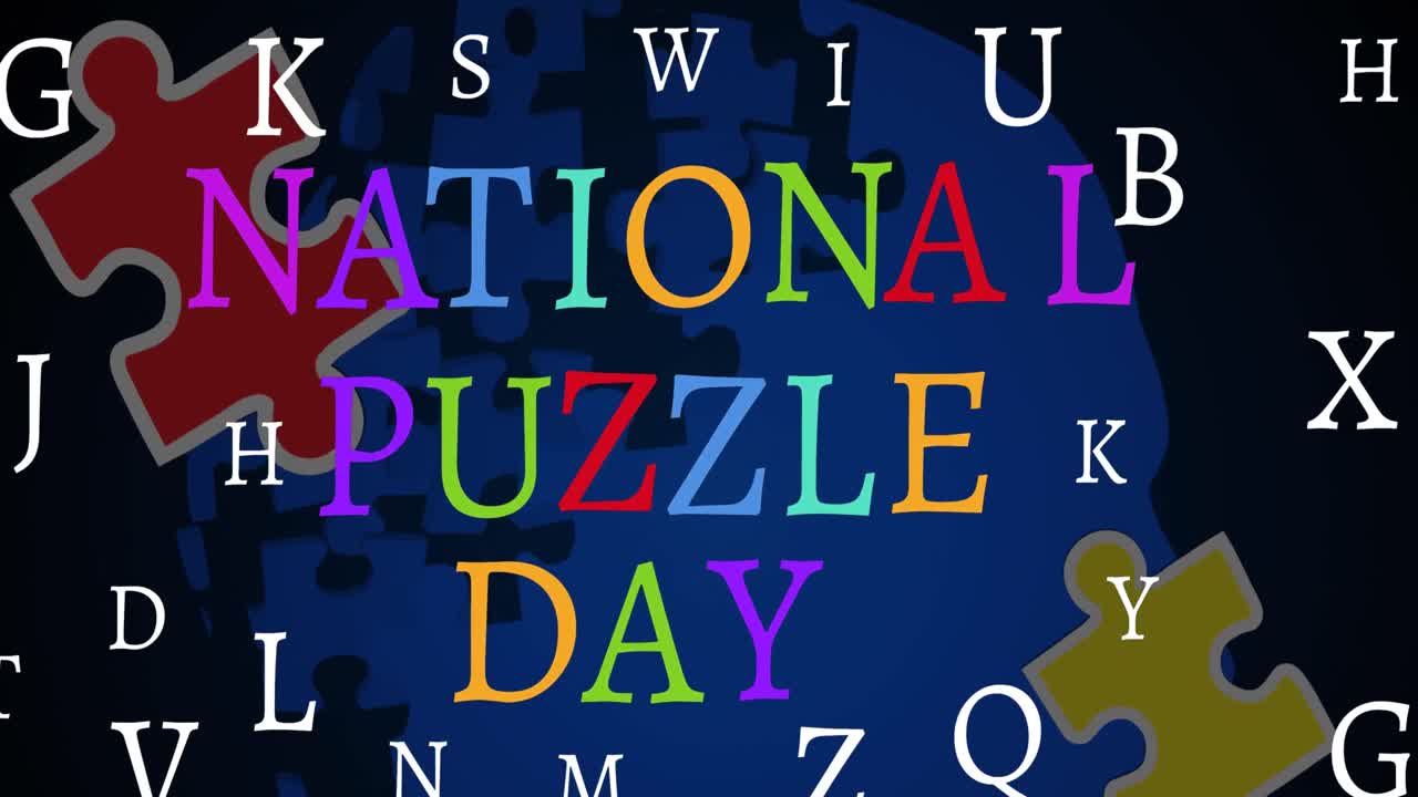 animación de letras haciendo el día nacional del rompecabezas escribiendo sobre fondo negro