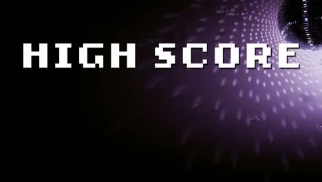 Animation-of-high-score-text-against-disco-ball-rotating-with-bright-rays-on-black-background