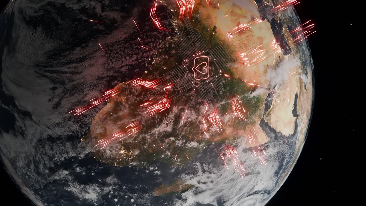 Planet Earth showing central Africa with heart symbol inside chat bubble and red digital network lines. Social media communication and global connection concept for poster and wallpaper. vertical