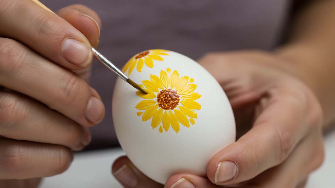 An Artistic Journey: A Close-Up View of Decorating a White Egg with Vibrant Yellow Flower Designs, Showcasing the Beauty of Hand-Painted Easter Crafts